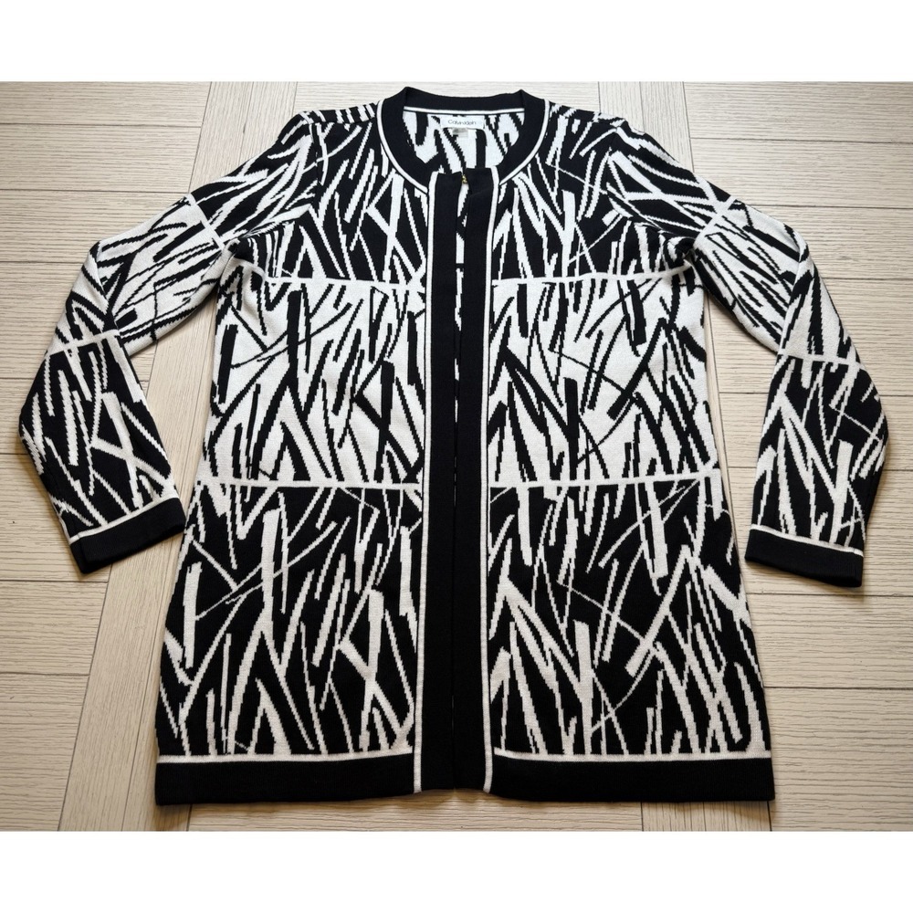 Calvin Klein Women Sz S Black White‎ Open Front Cardigan Sweater Abstract Artsy